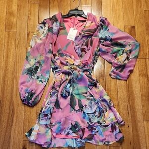Alex Marie Floral Chiffon Wrap Dress Pink Vibrant Print Size 8 Belted